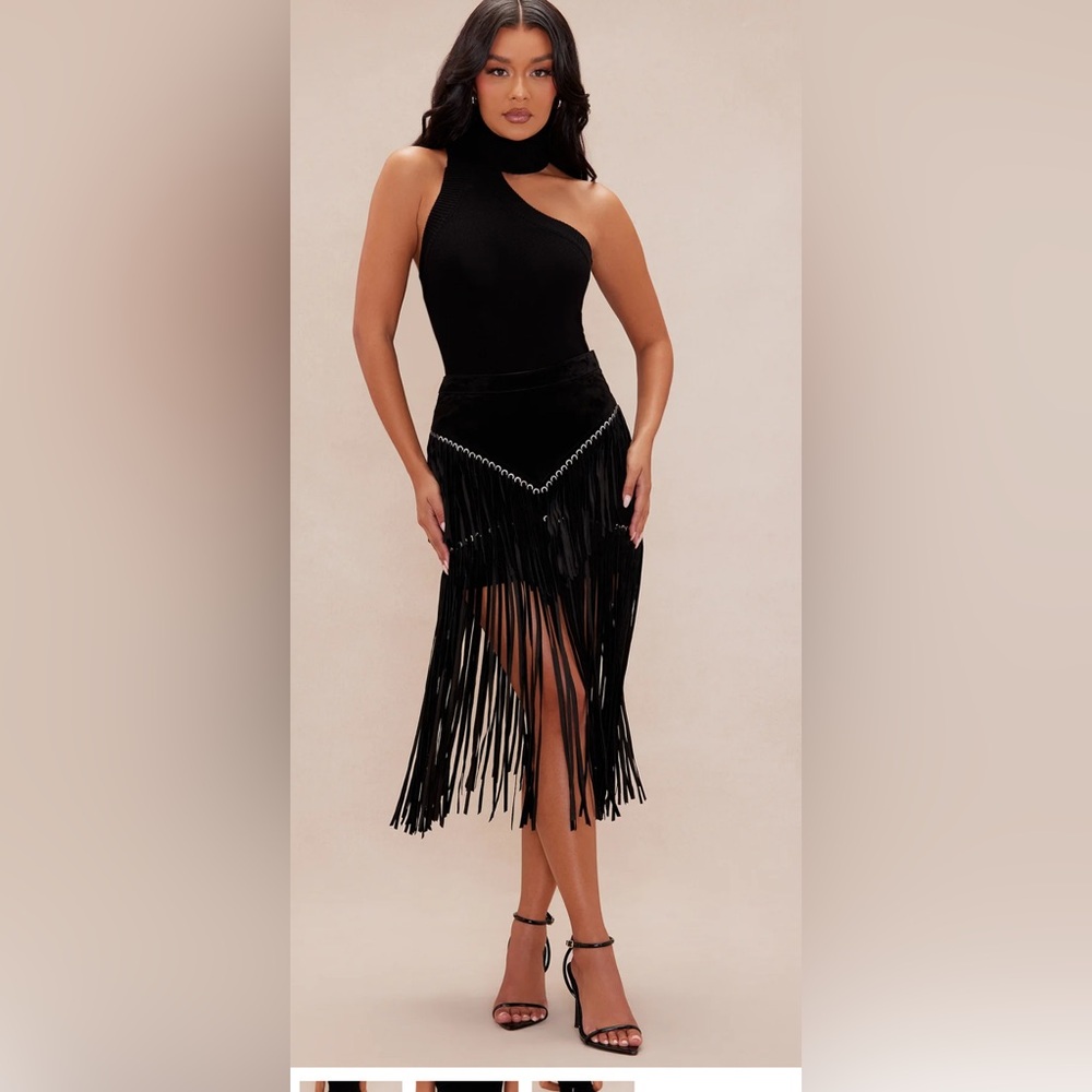 Fashion Nova Black Fringe Midi Skirt